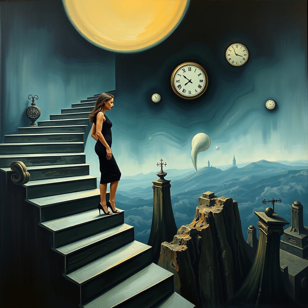 Woman on Staircase in Surrealist Dreamscape