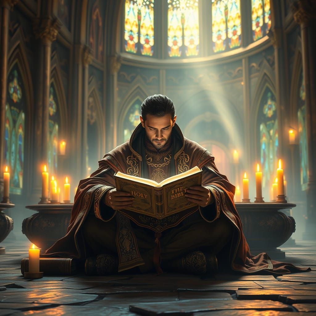 Mystical Reader in Candlelit Chamber