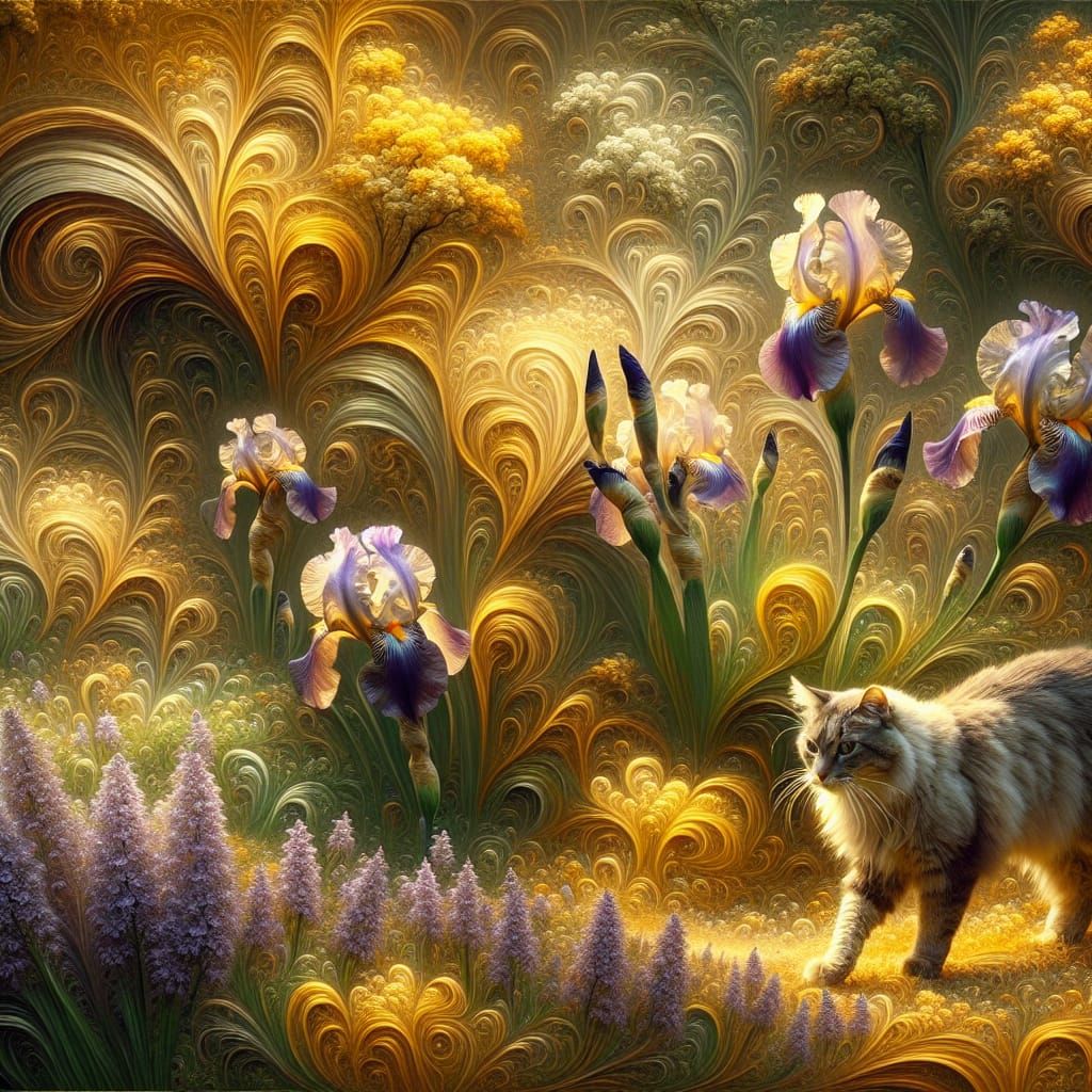 Whimsical Cat Amidst Lavender Garden with Delicate Fractals