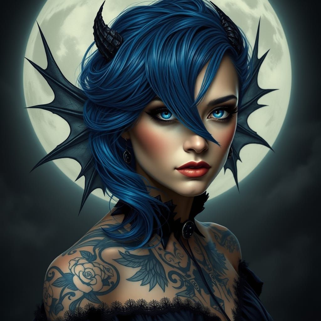 Mysterious Gothic Siren with Majestic Wings and Sapphirine H...
