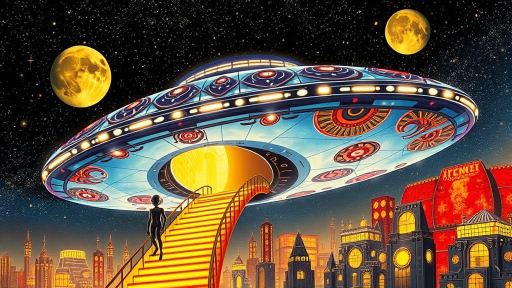 Glowing UFO Unveils Alien Being on Golden Staircase in Cosmi...