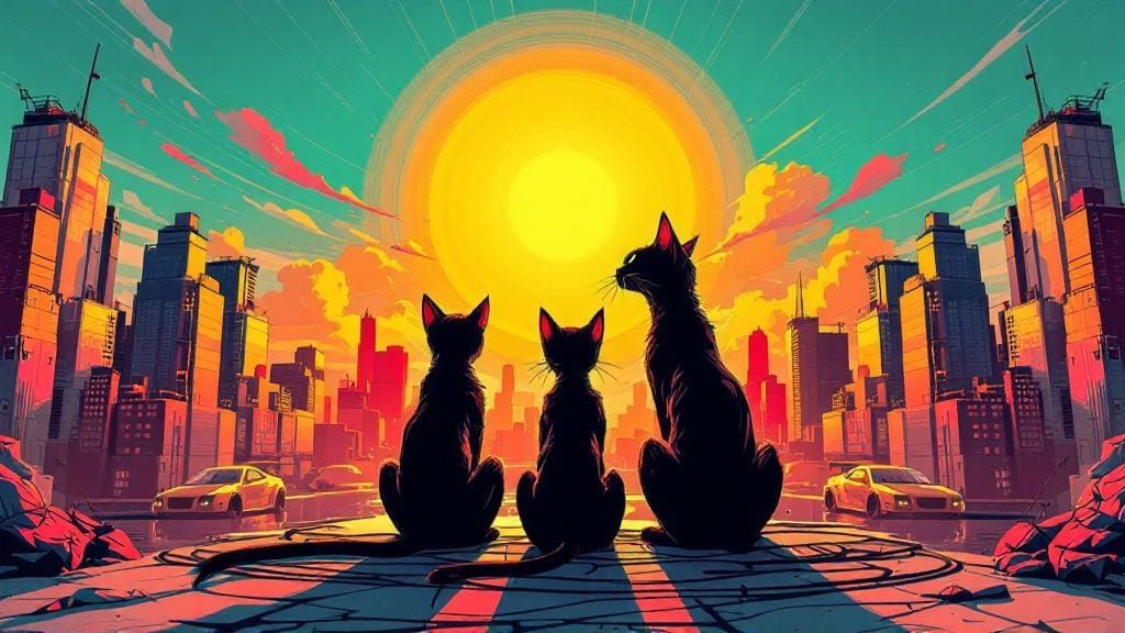 Cats Silhouetted Against Cityscape in Comic Book Style