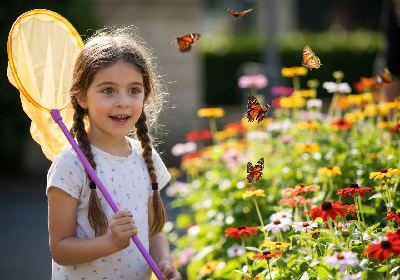 Girl Captivated by Butterflies in Sunny Garden