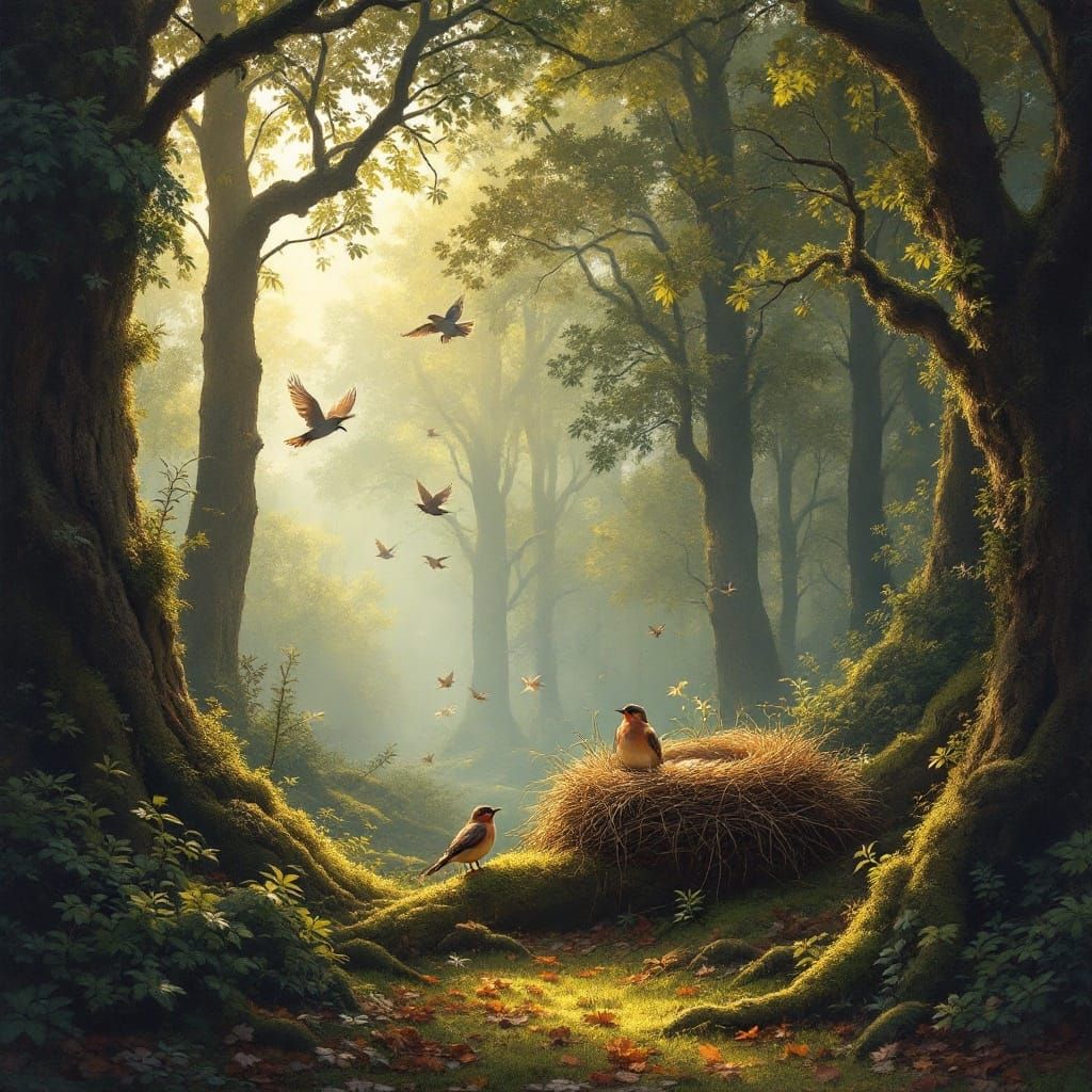 Birds in a Peaceful Forest: Art Nouveau Harmony