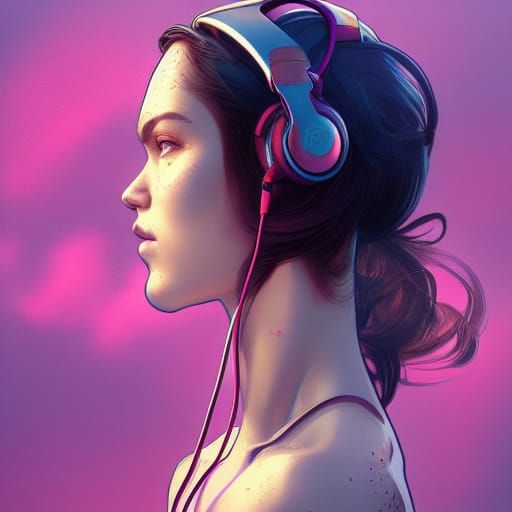 Urban Girl with Headphones: Detailed Digital Portrait