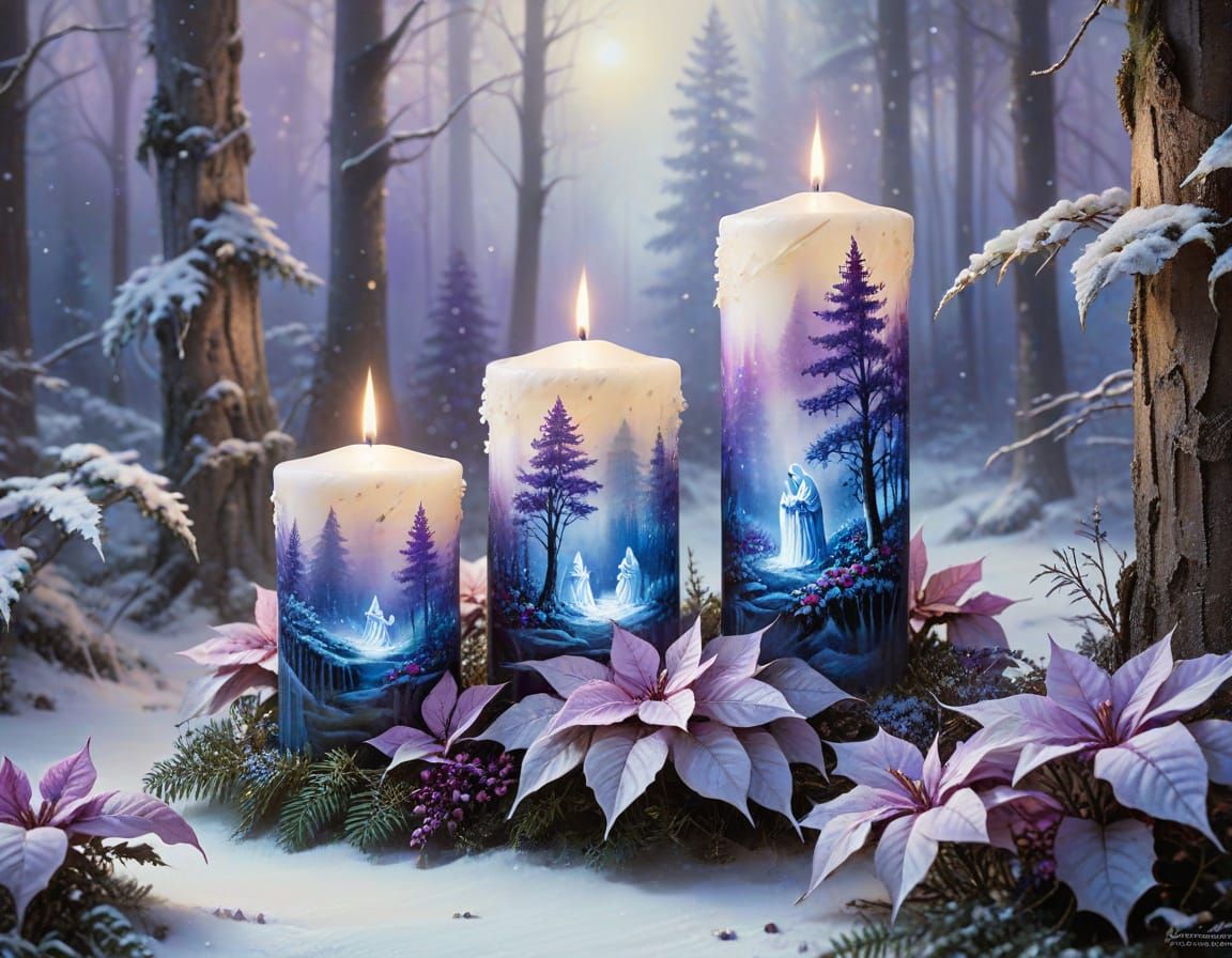 Candles and Nativity Scene in Snowy Forest