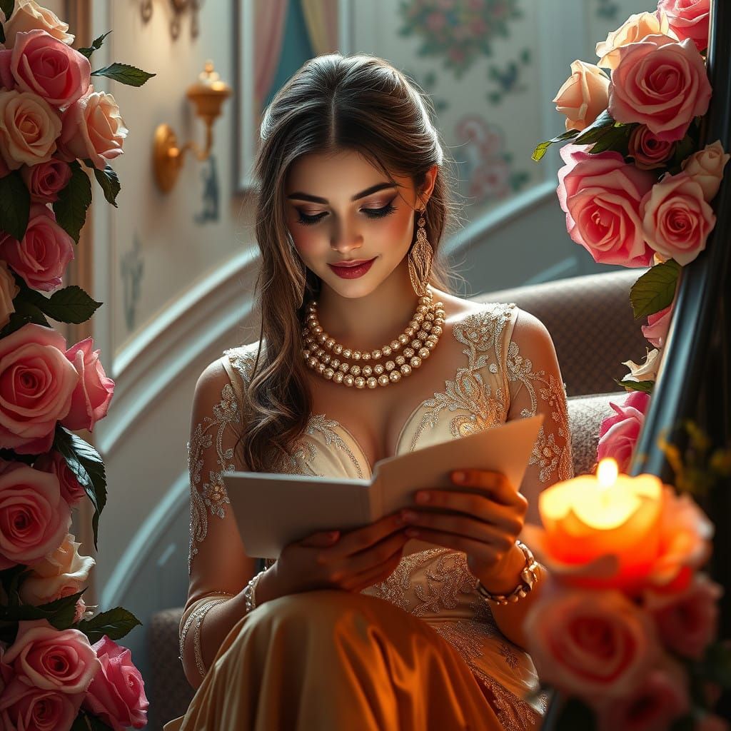 Luxurious Woman in Opulent Mansion Setting with Vibrant Flow...