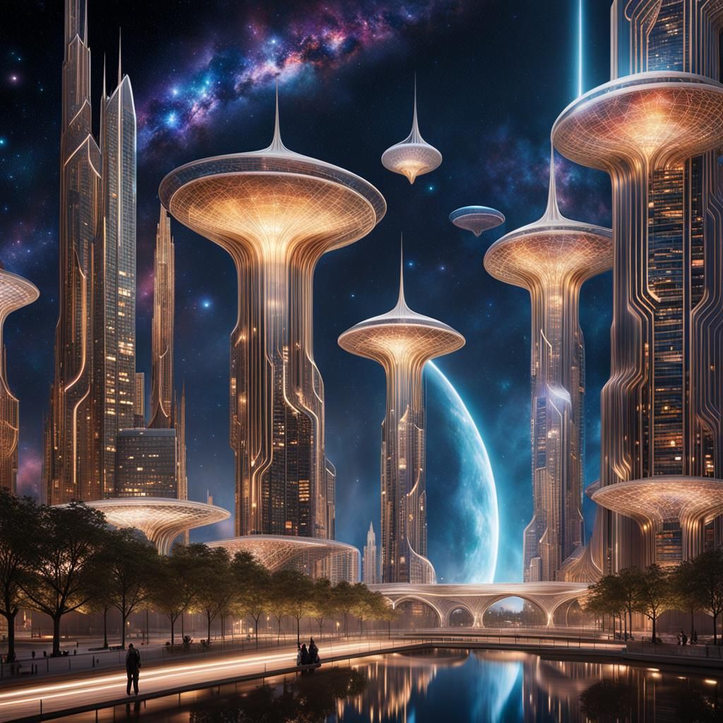 Futuristic AI Cityscape Blending Celestial Elements