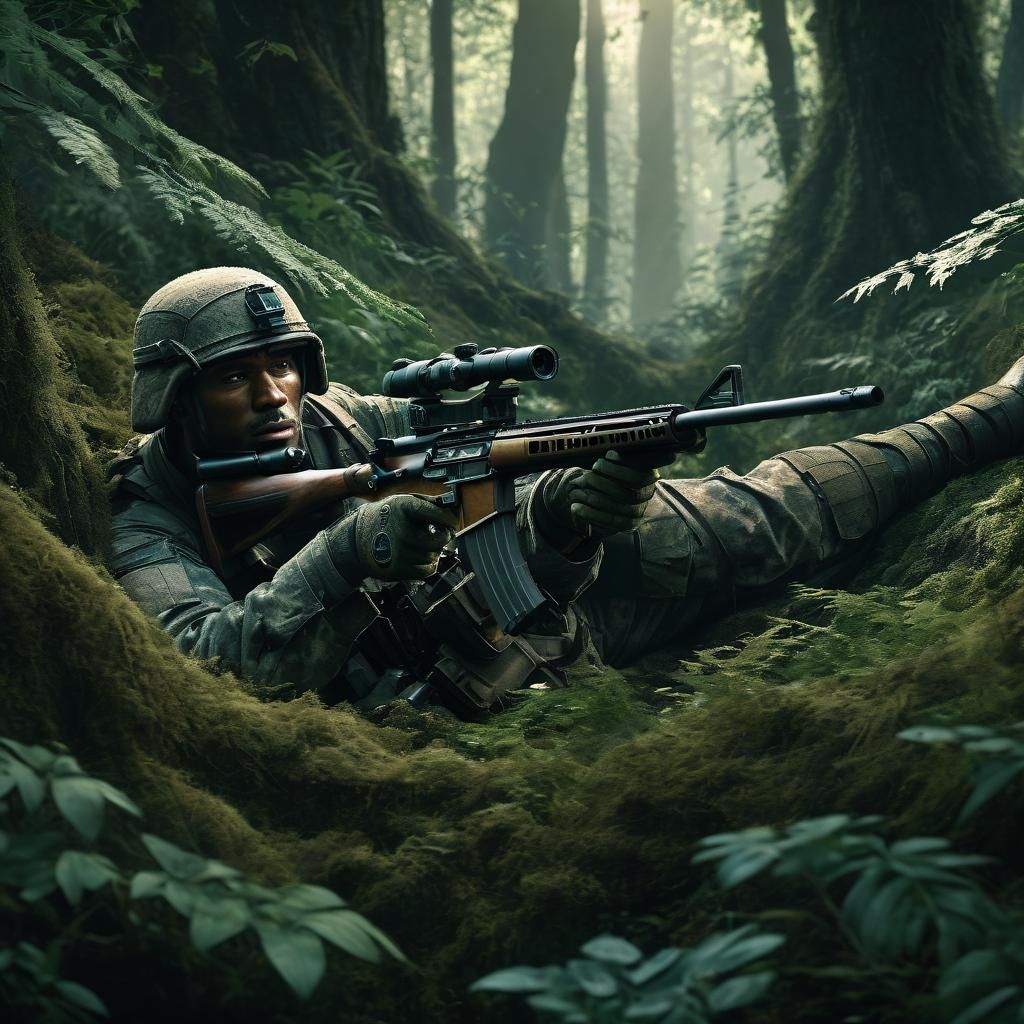 Camouflaged Soldier in Dense Forest: Realistic Matte Paintin...