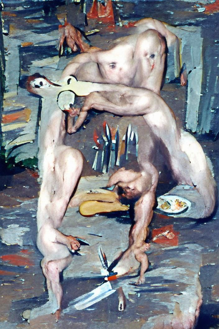 Naked Man Crouching with Knife