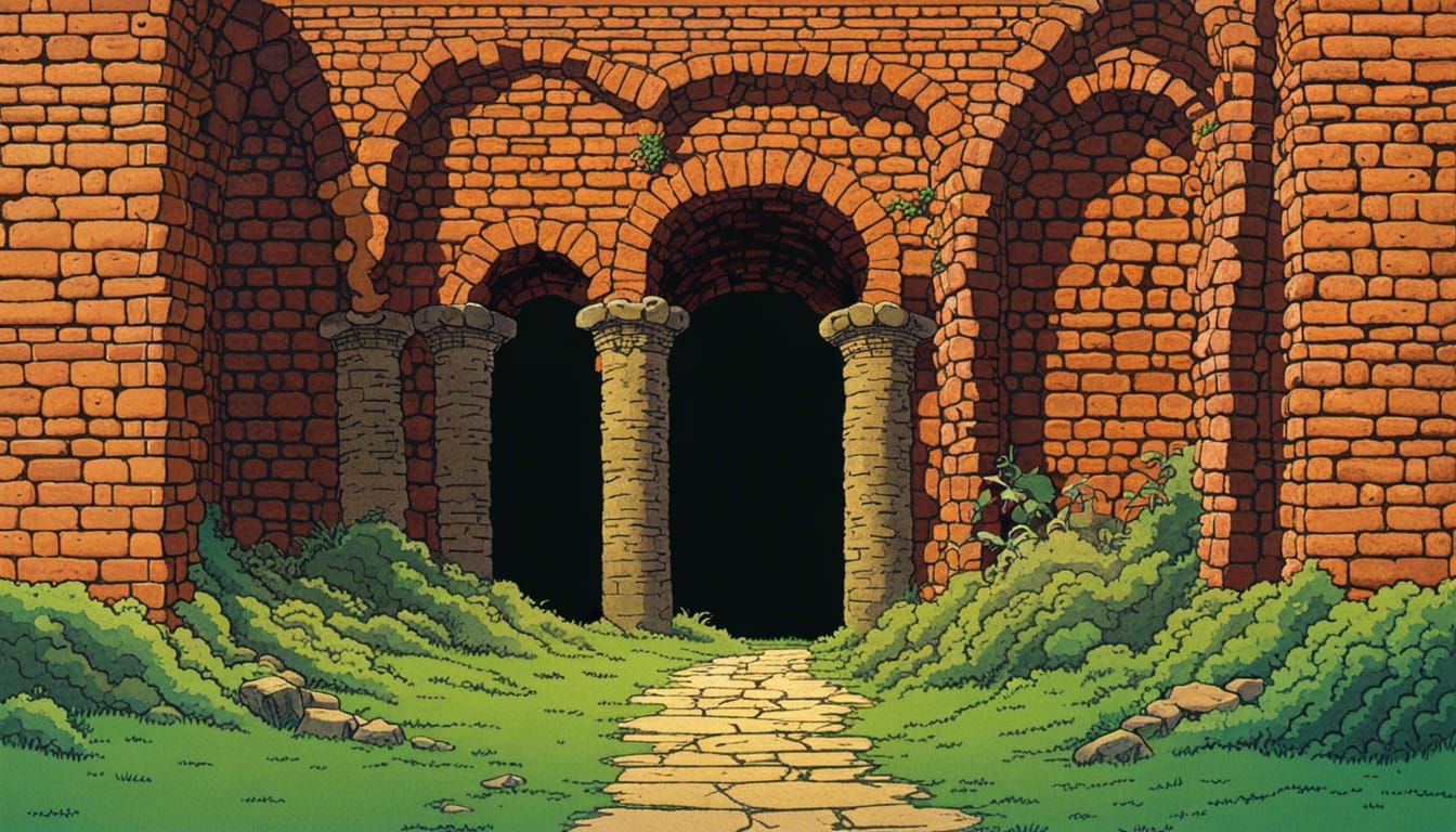 Dungeon Passage with Mossy Brick Wall in Ligne Claire Style