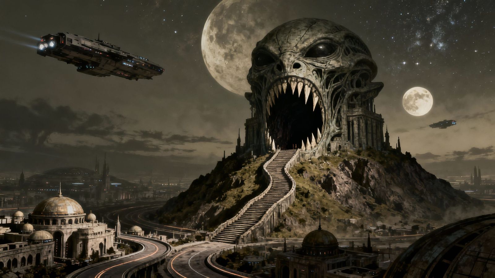 Gritty Noir Alien Planet with Massive Temple of Overlords