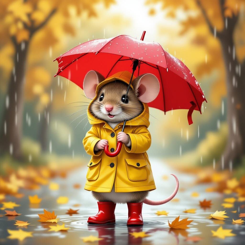 Adorable Mouse in Raincoat, Watercolor Illustration