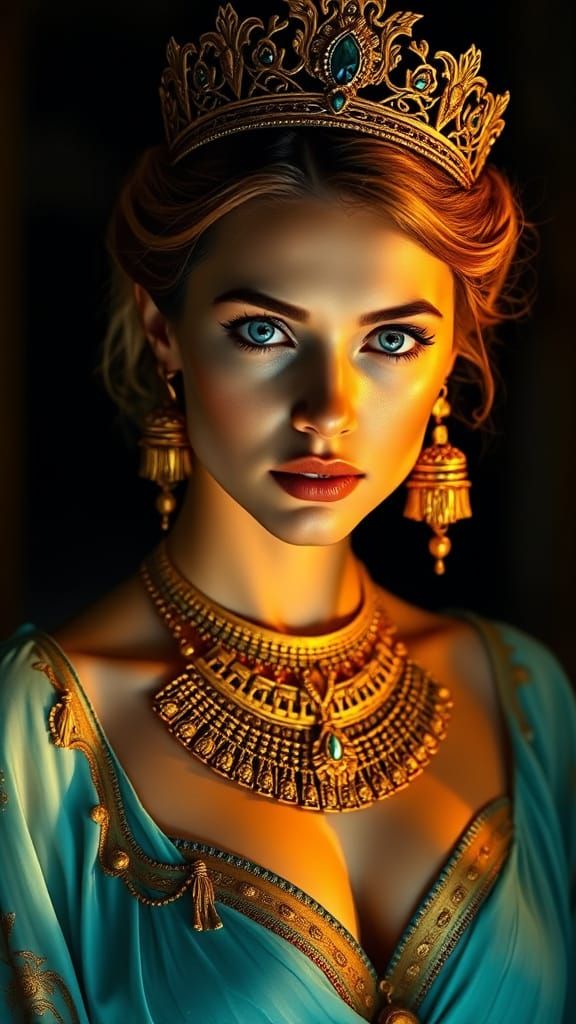 Regal Woman in Golden Crown, Ancient Egyptian-Inspired Portr...