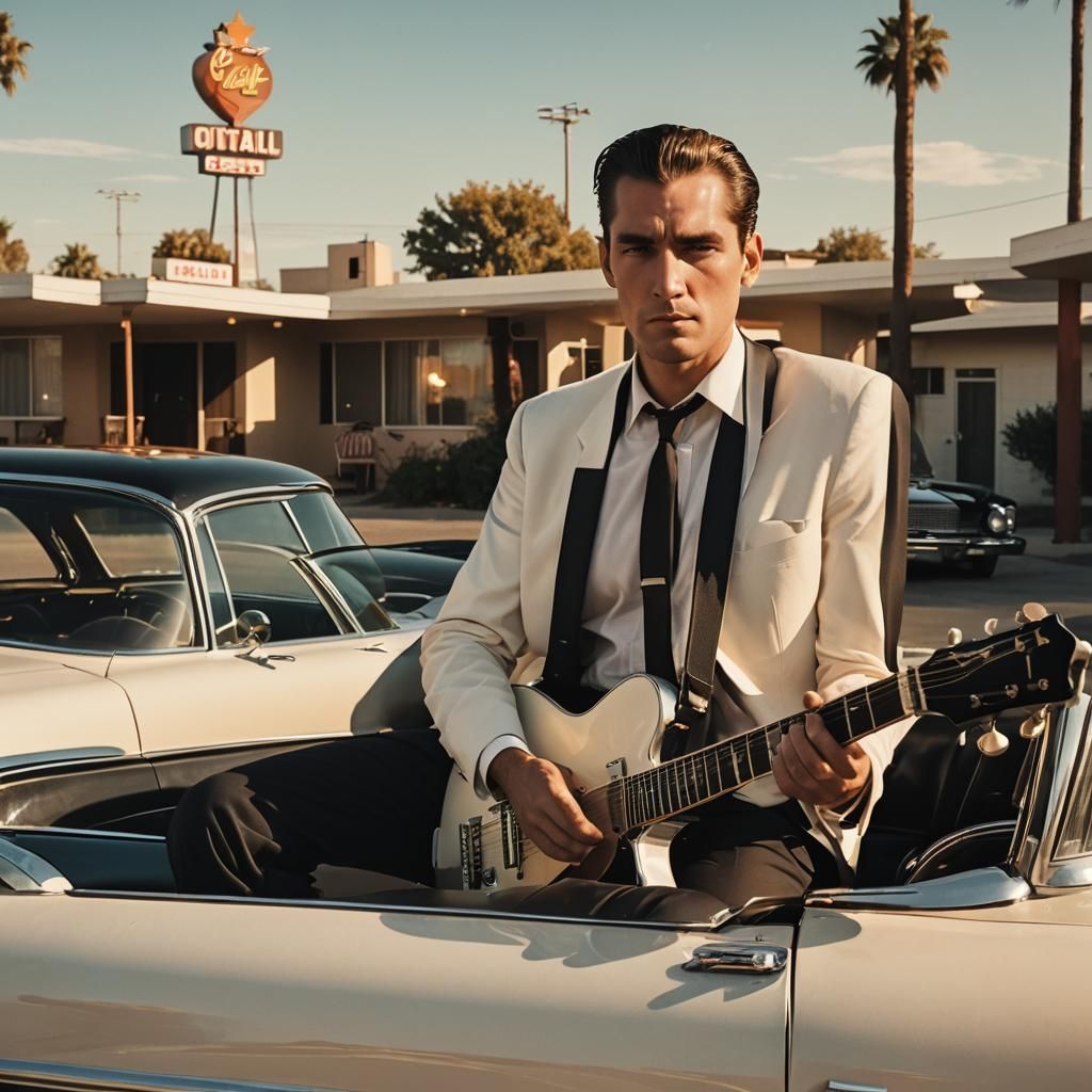 Vintage 1950s Man with Guitar on Cadillac