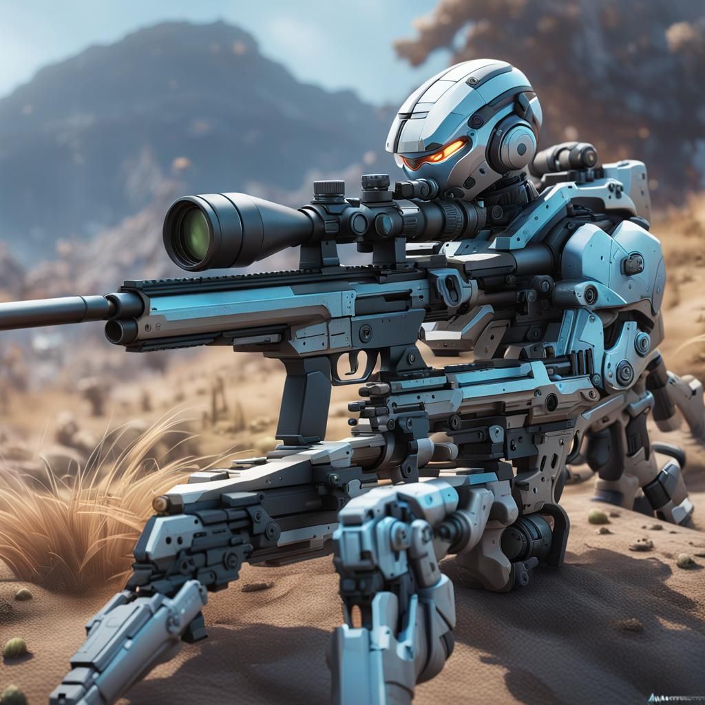 Cyborg Sniper with Rifle in Hyperrealistic 3D