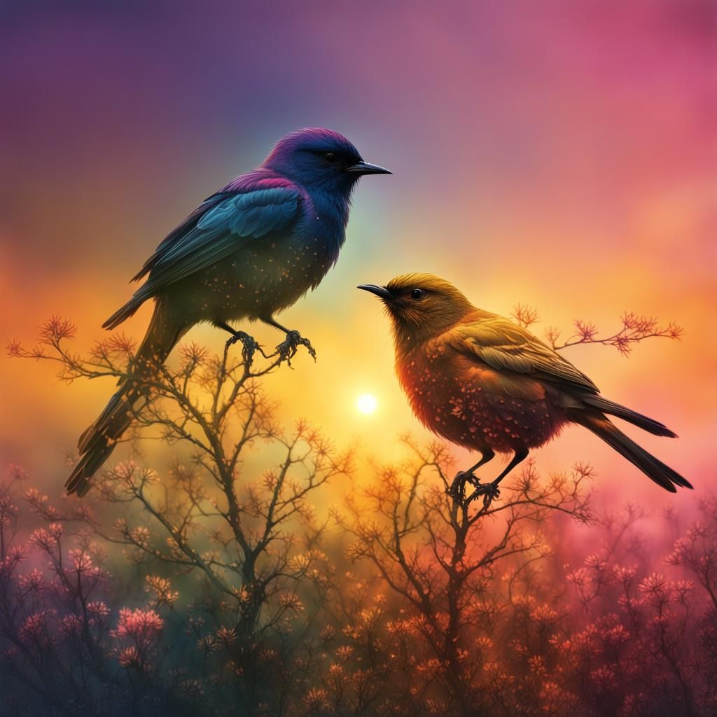 Rainbow Blossom Sunset Silhouette in Double Exposure