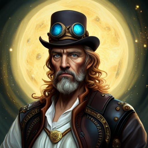 Steampunk Wizard with Cosmic Elements in Impasto Oil