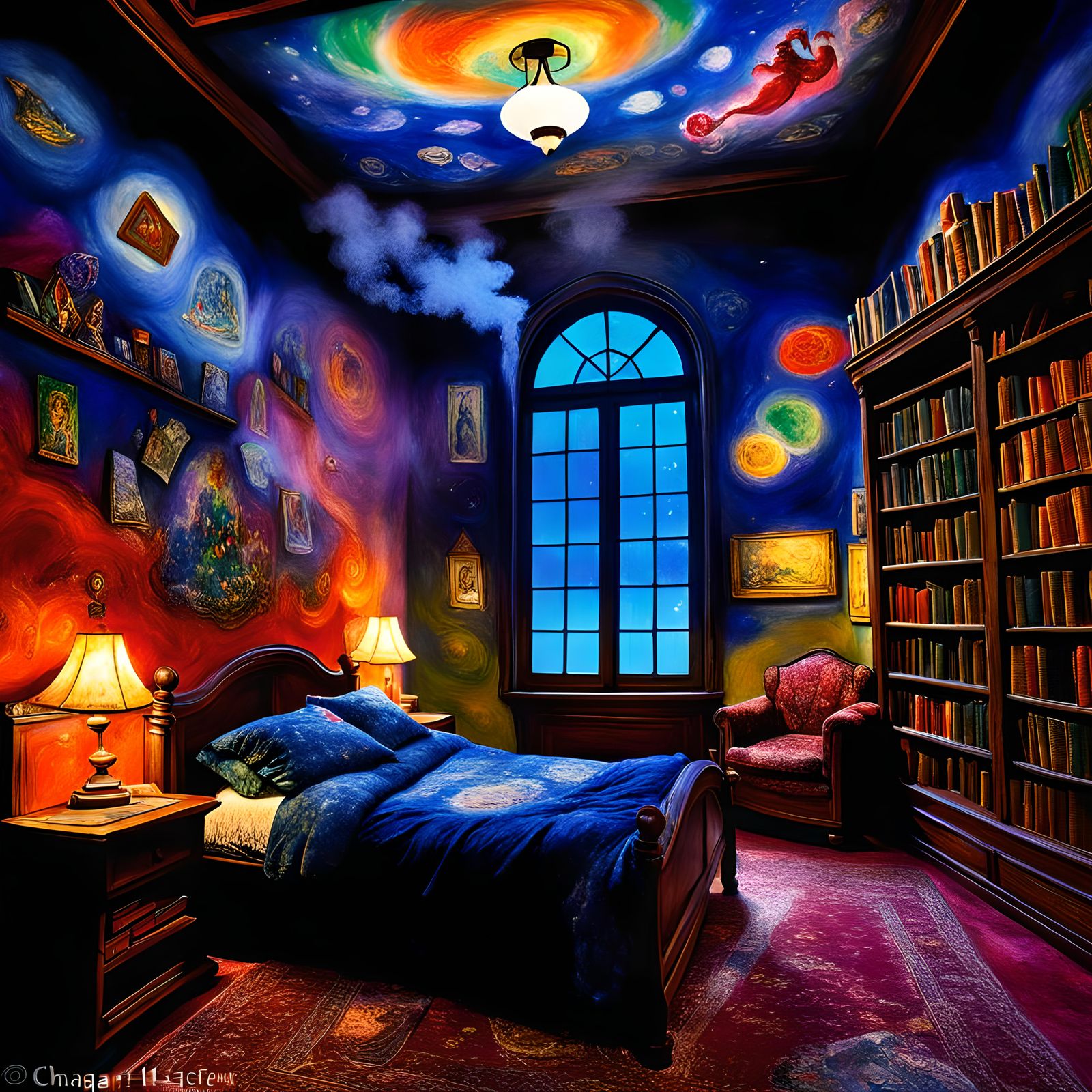Enchanted Library Dreamscape in Psychedelic Art Style