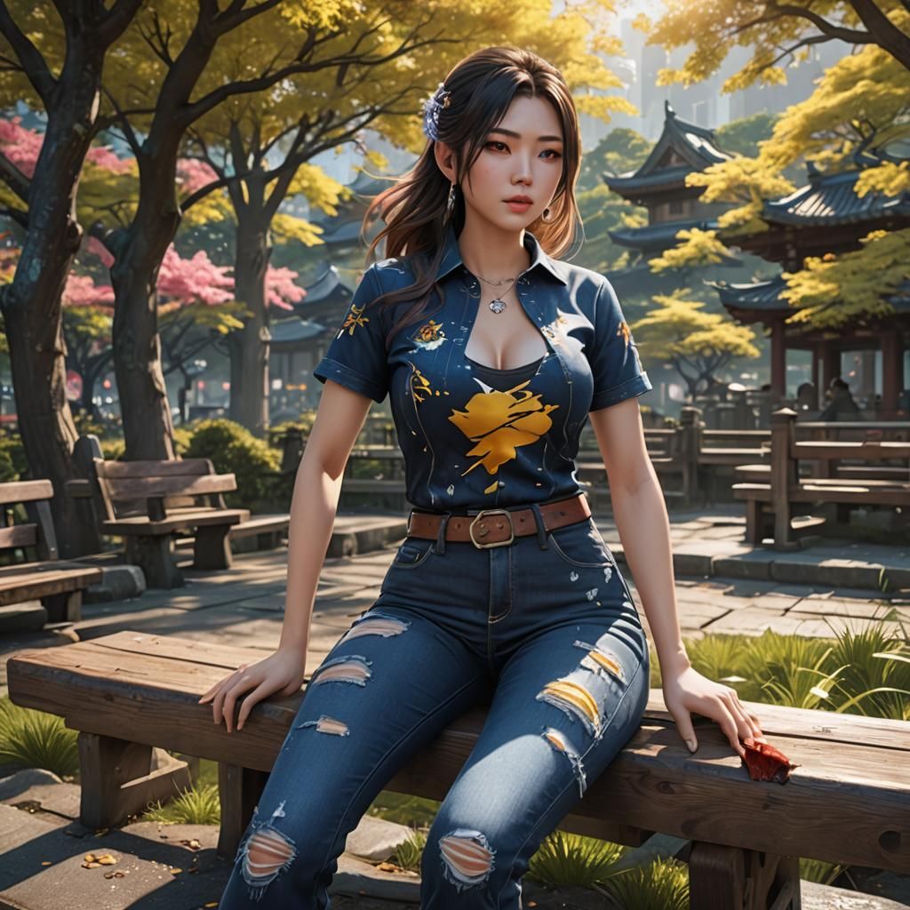 Japanese Aigirl in Torn Jeans: Digital Matte Painting