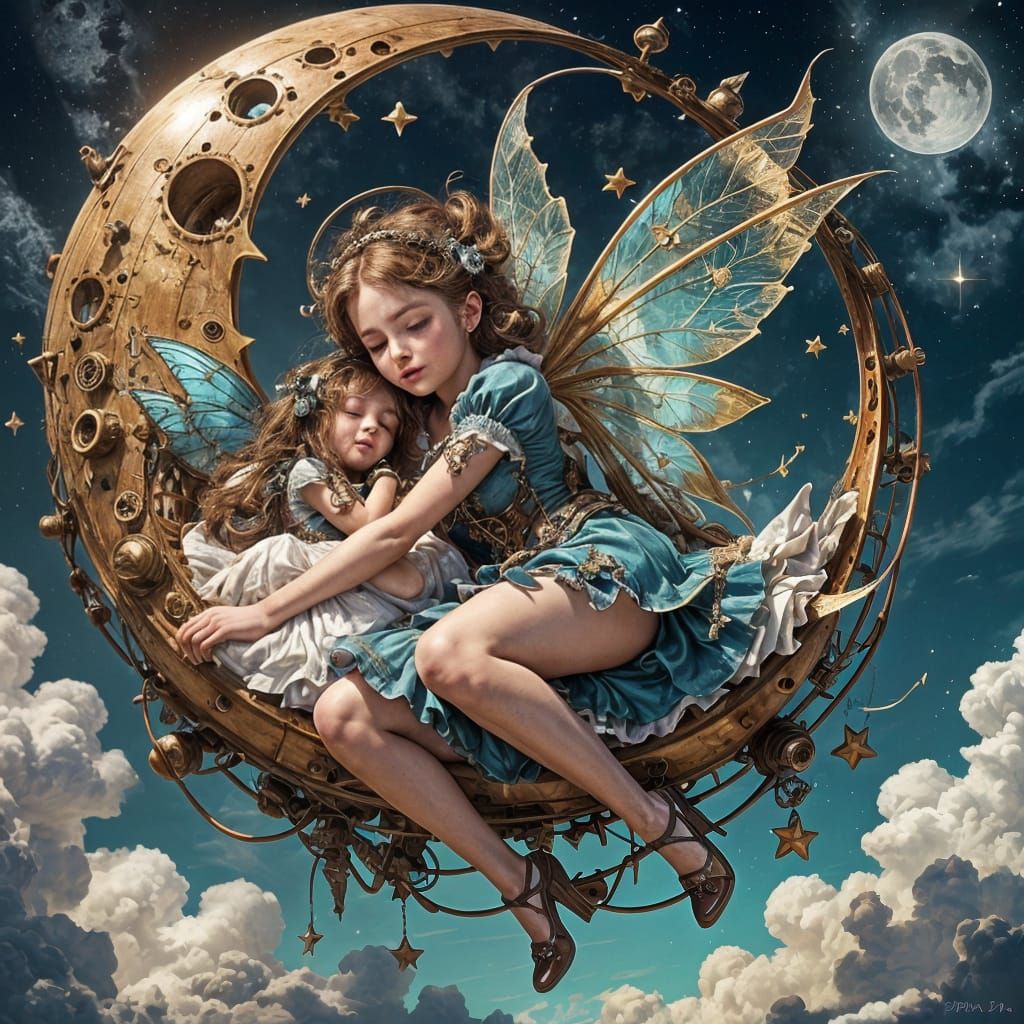 Steampunk Fairy Slumbers on Lunar Horizon in Whimsical Anime...