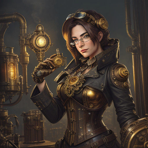 Woman Tinkers with Intricate Steampunk Engine