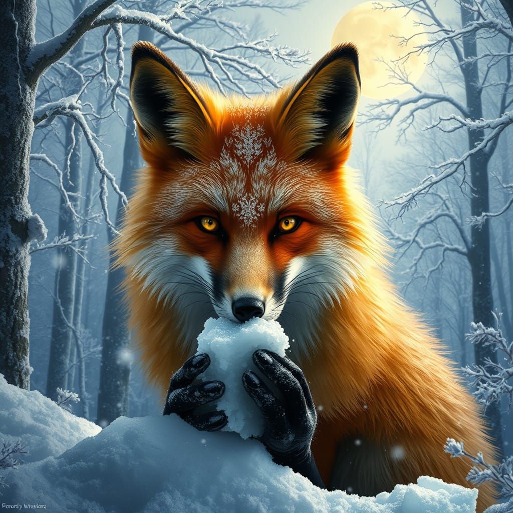 Majestic Fox Devours Snow in Frosty Winter Wonderland