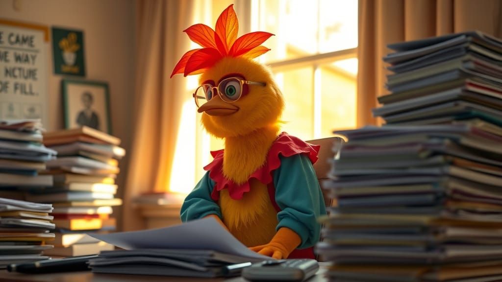 Grumpy Chick at Desk in Natural Sunlight