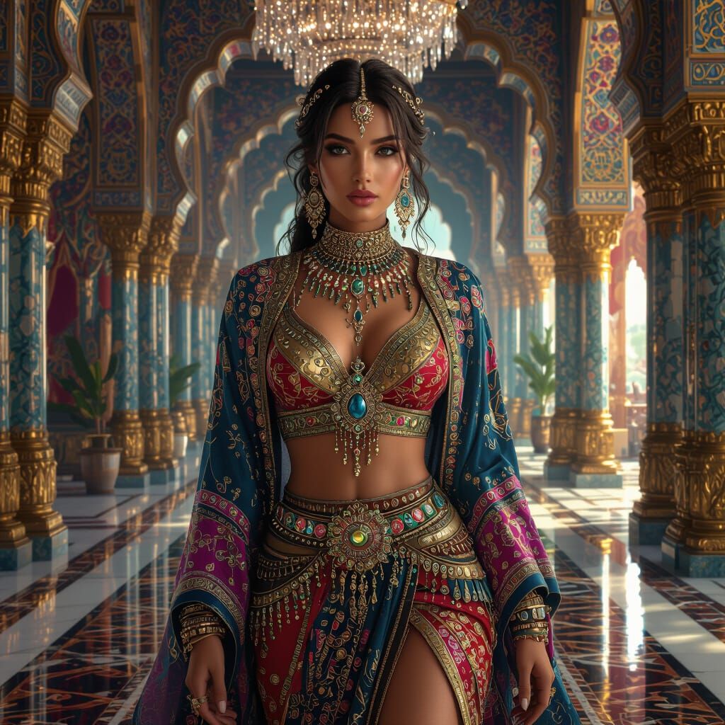 Hyperrealistic Woman in Colorful Royal Hall