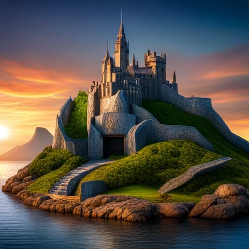 Fantasy Castle Logo with Dragon and Sunset