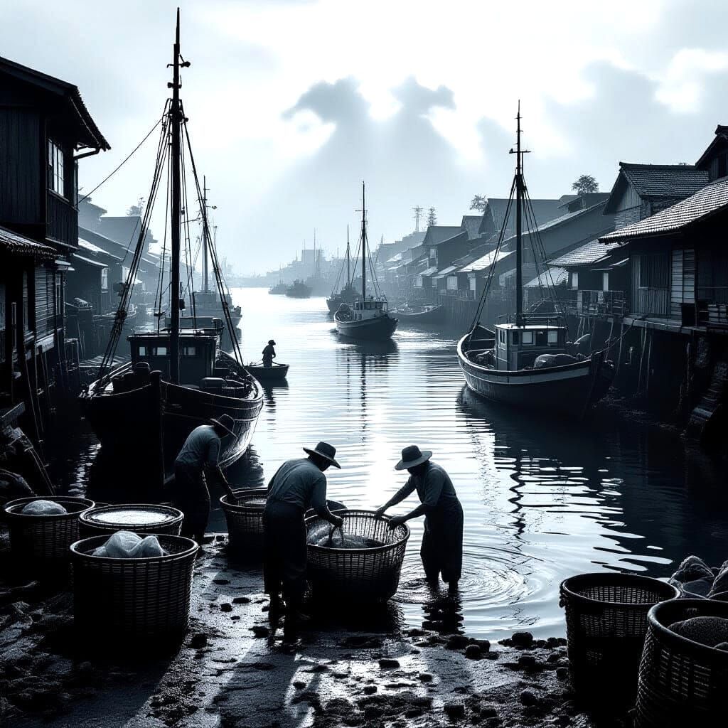 Vintage Harbour Scene in Monochromatic Film Style