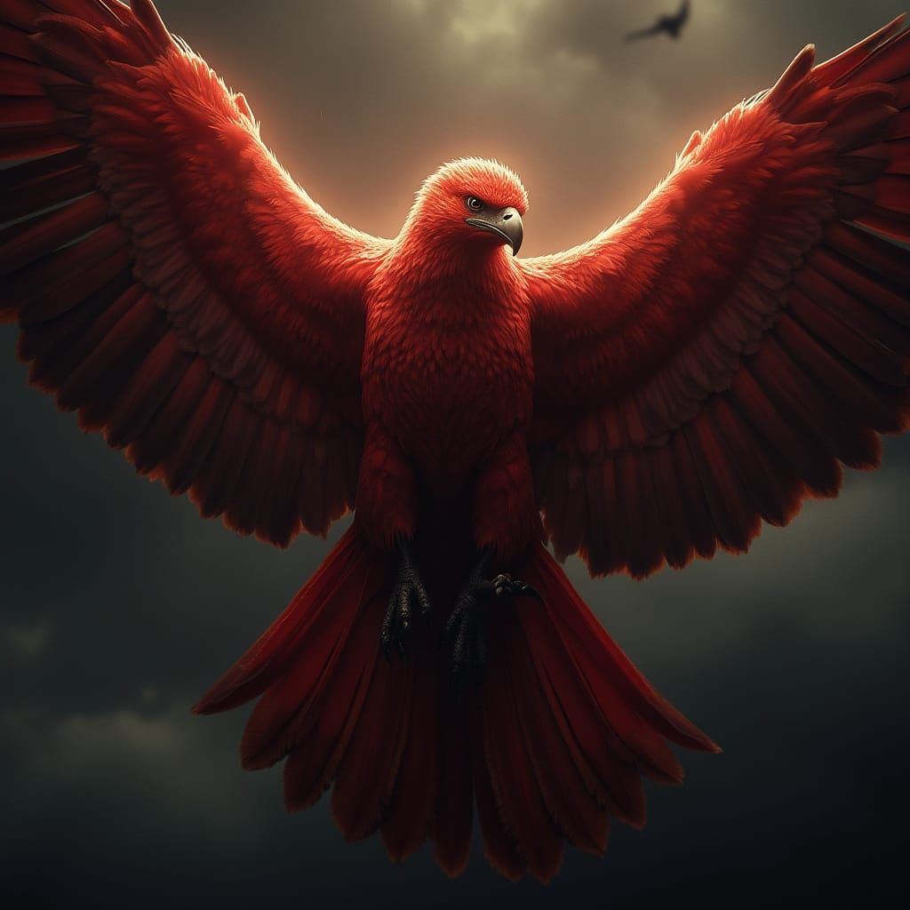 Majestic Crimson Thunderbird Against Dark Sky