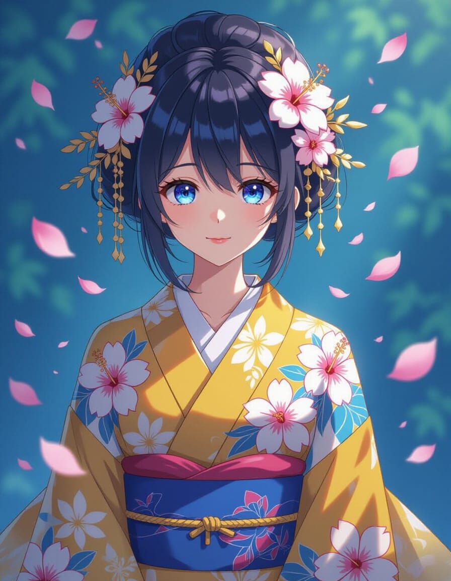 Hibiscus Queen Anime Art with Sapphire Eyes