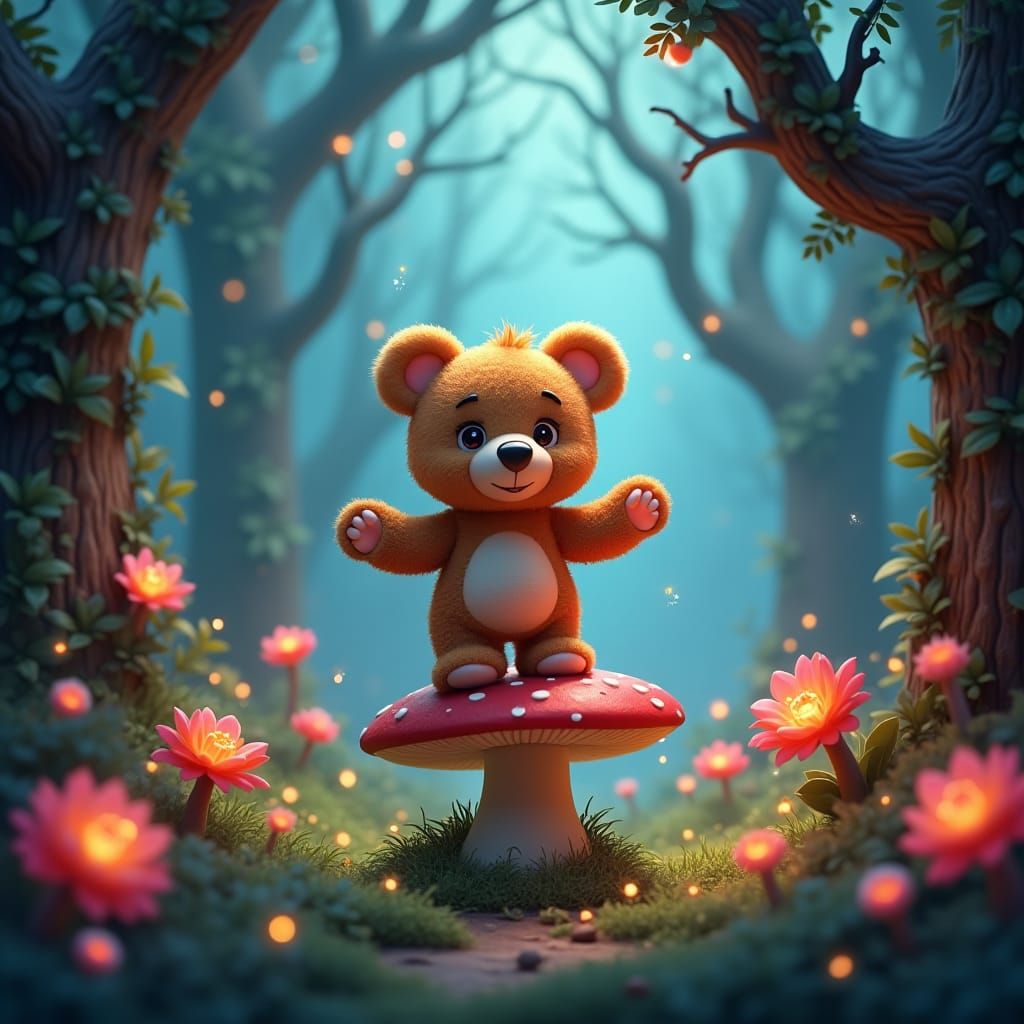 Motivational Teddy Bear in Enchanted Forest