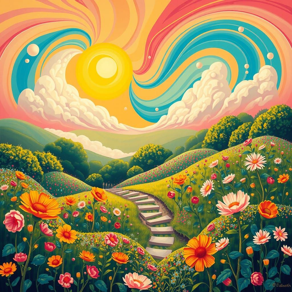 Vibrant Path to Serenity in Whimsical Art Style