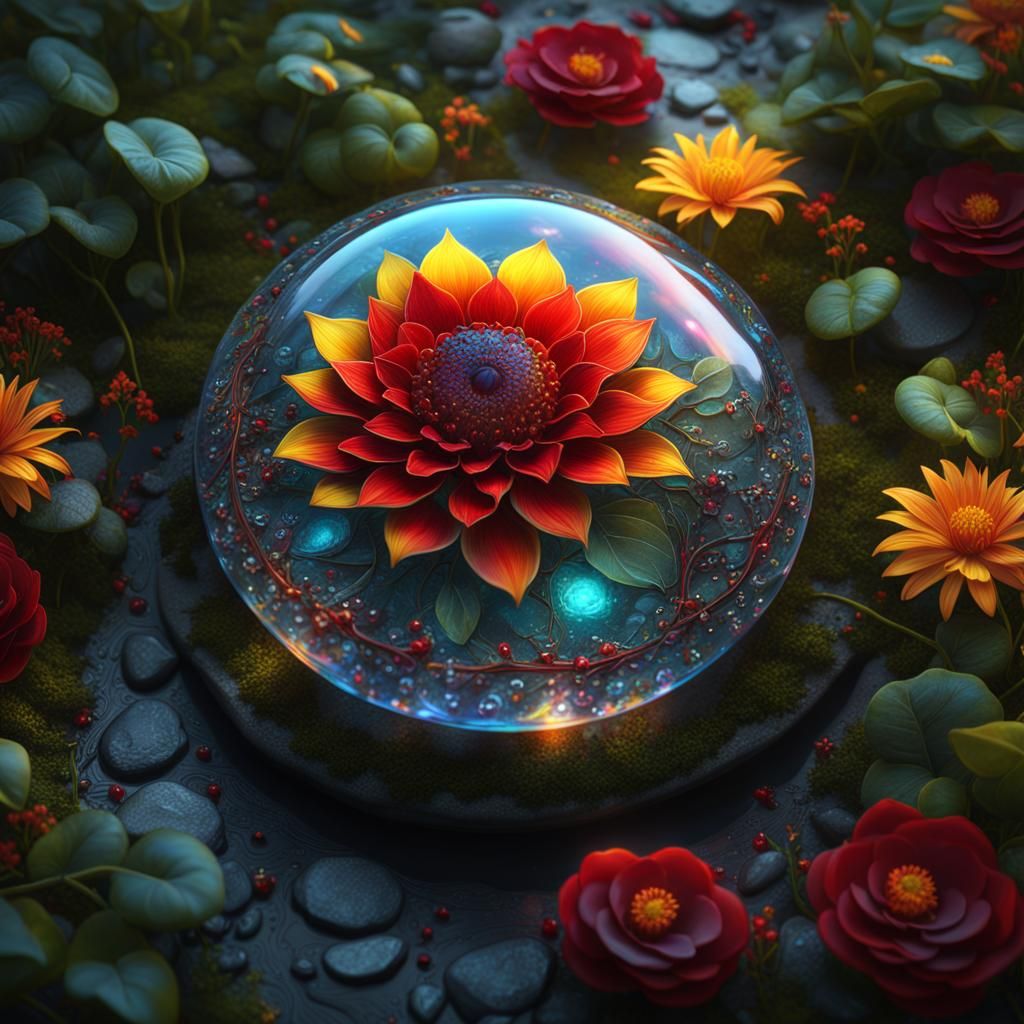 Iridescent Glass Flower with Viking Runes: Digital Art