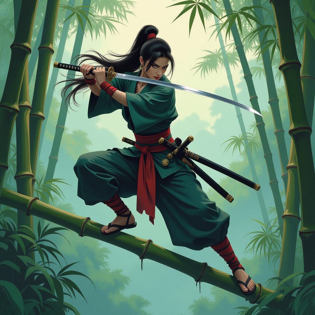 Female Ninja Balances on Bamboo: Fantasy Oil Painting