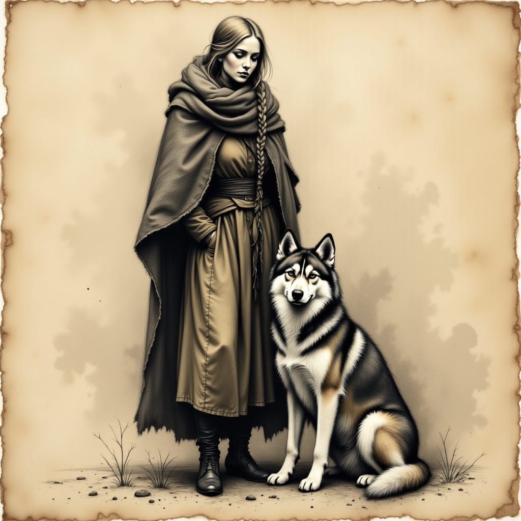 Medieval Finnish Maiden with Loyal Husky in Charcoal Drawing
