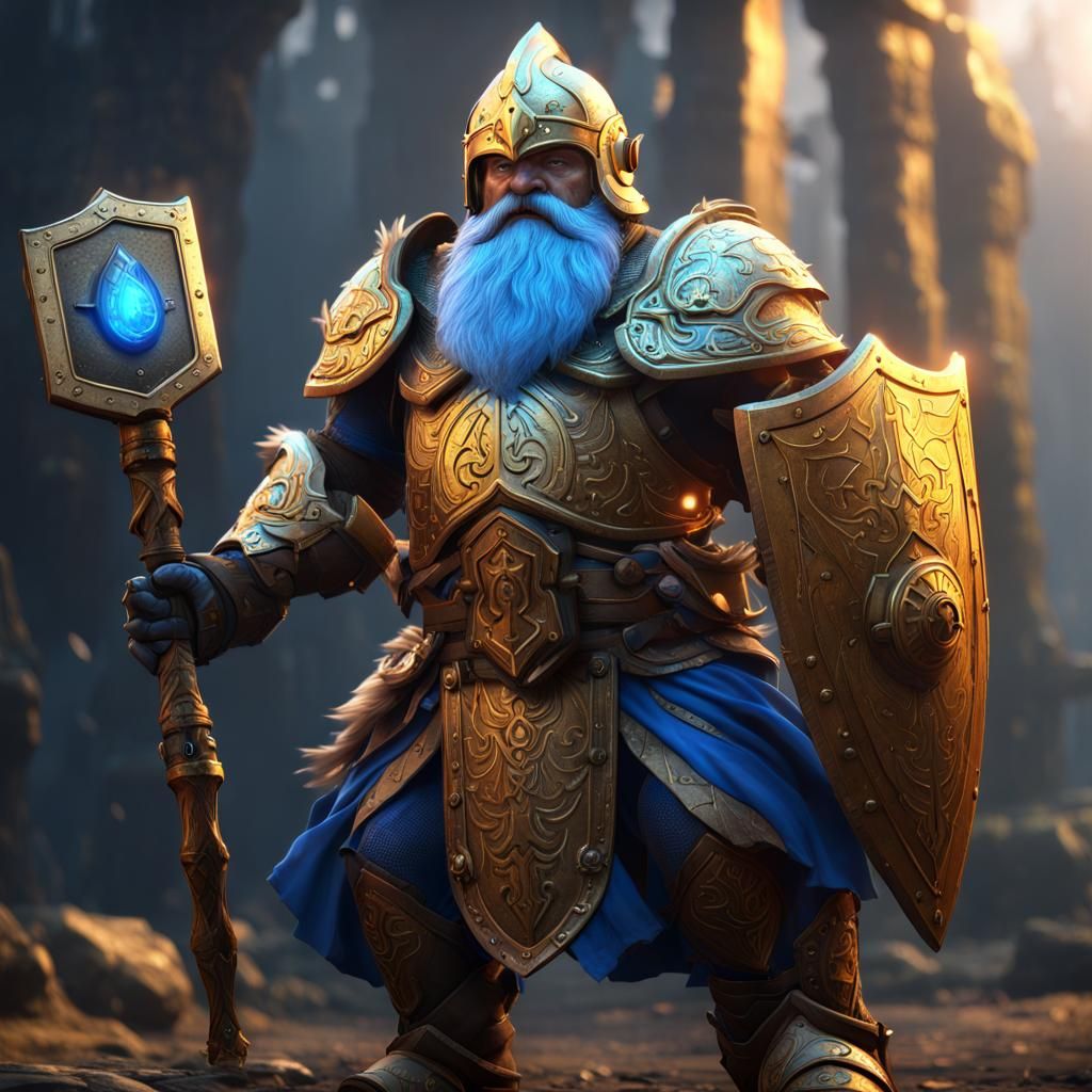 Dwarf Paladin in Golden Armor with Blue Aura