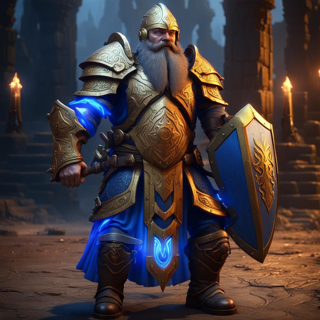 Dwarf Paladin in Golden Armor with Blue Aura