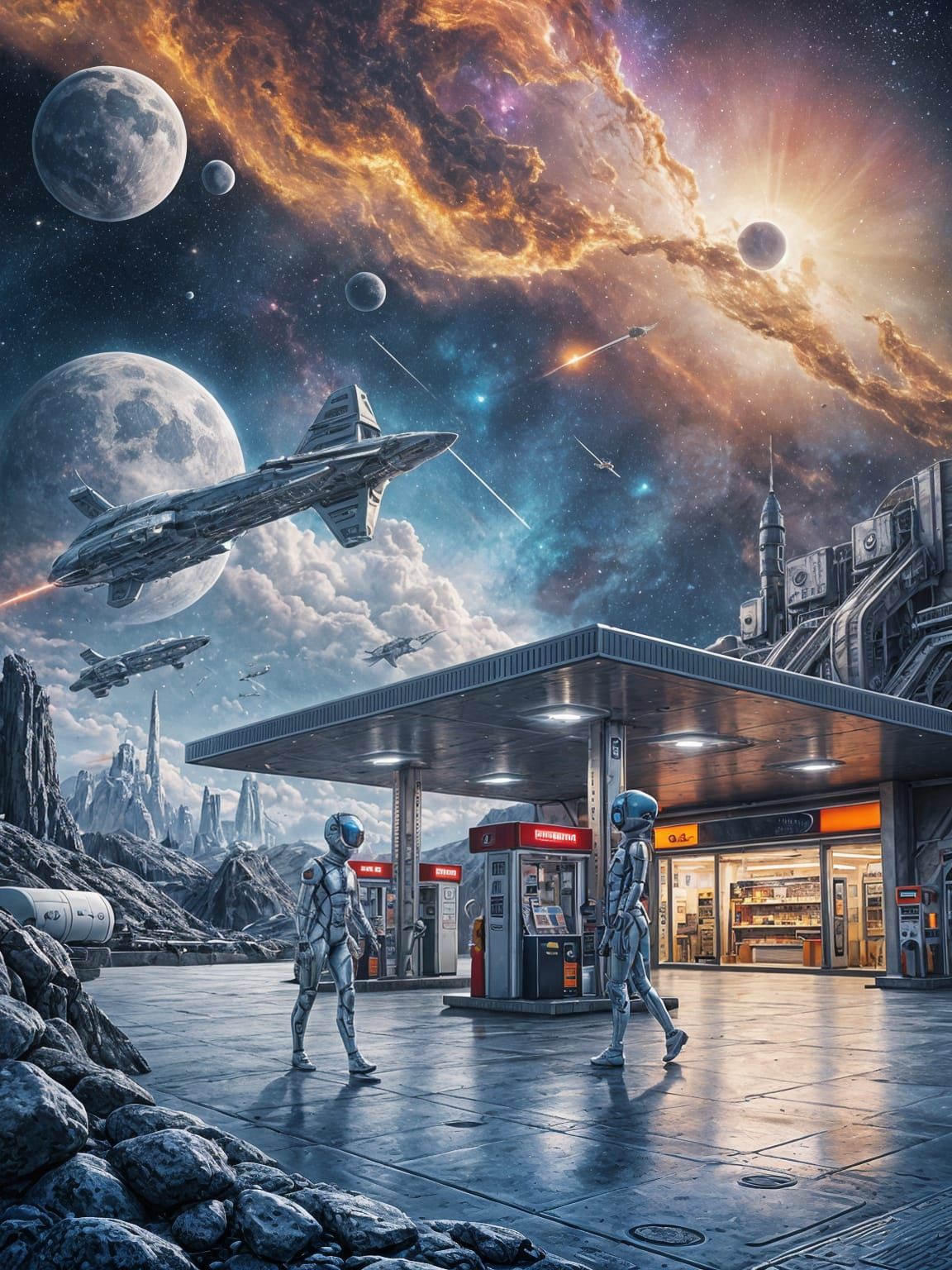 Intergalactic Petrol Station in Space: Surreal Oil Painting