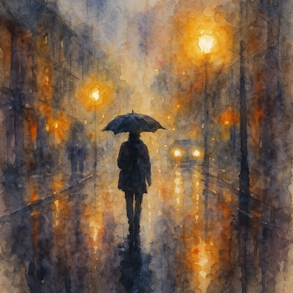 Atmospheric Watercolor of Figure on Rainy City Street at Dus...