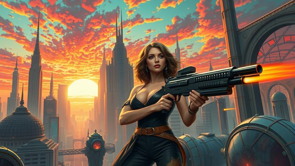 Retro Sci-Fi Temptress in Dystopian Cityscape