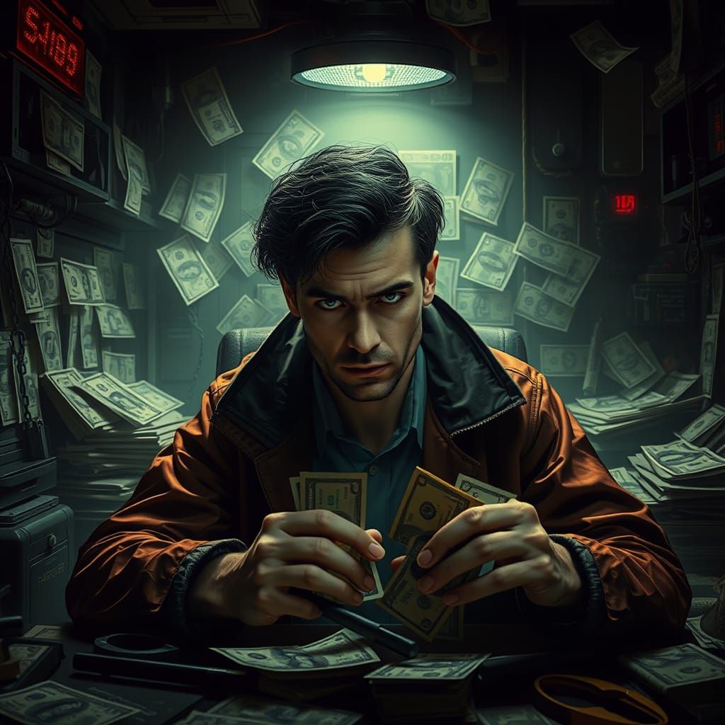 Cyberpunk Counterfeiter in Dimly Lit Room