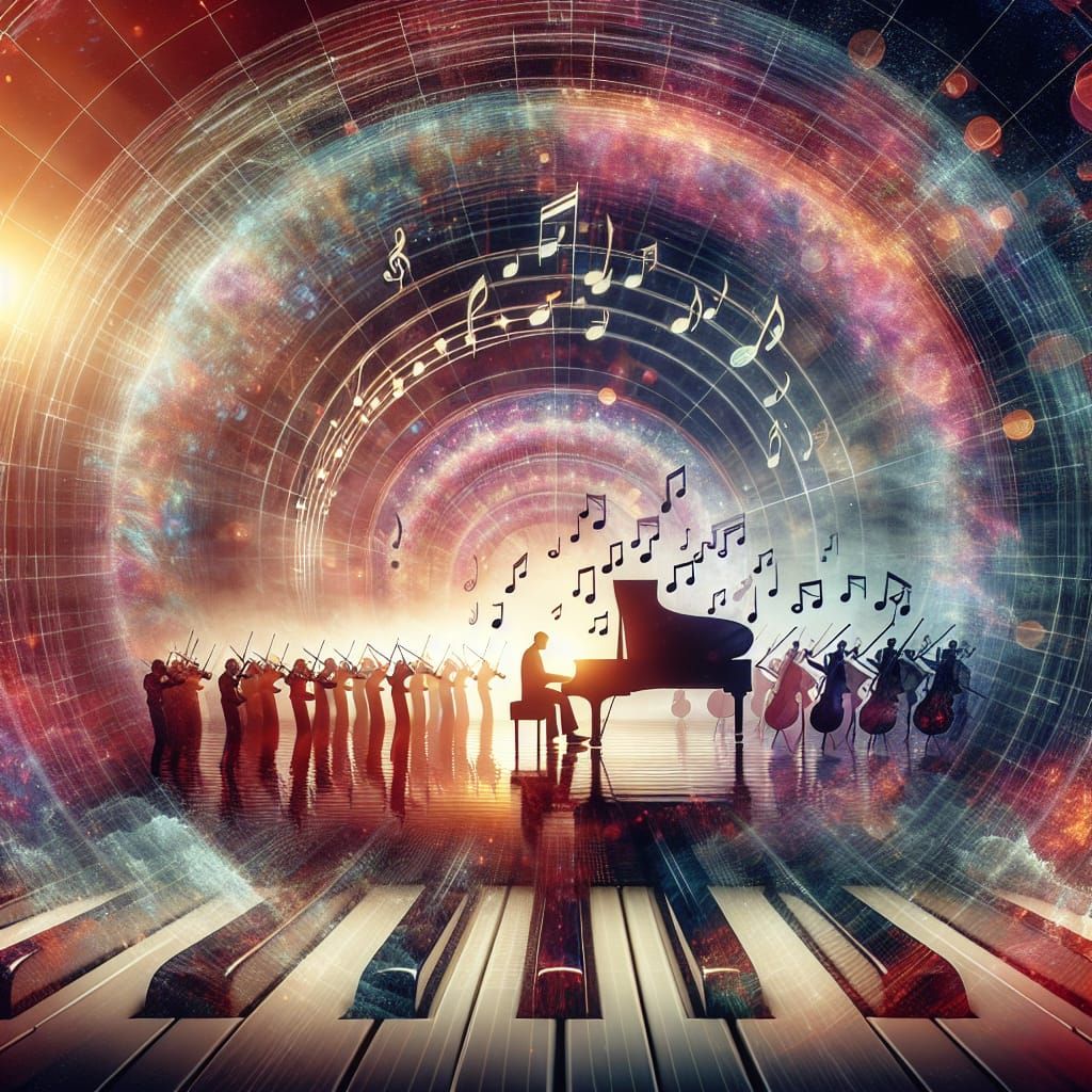 Piano Silhouette Reveals Orchestral Performance in Oil Slick...