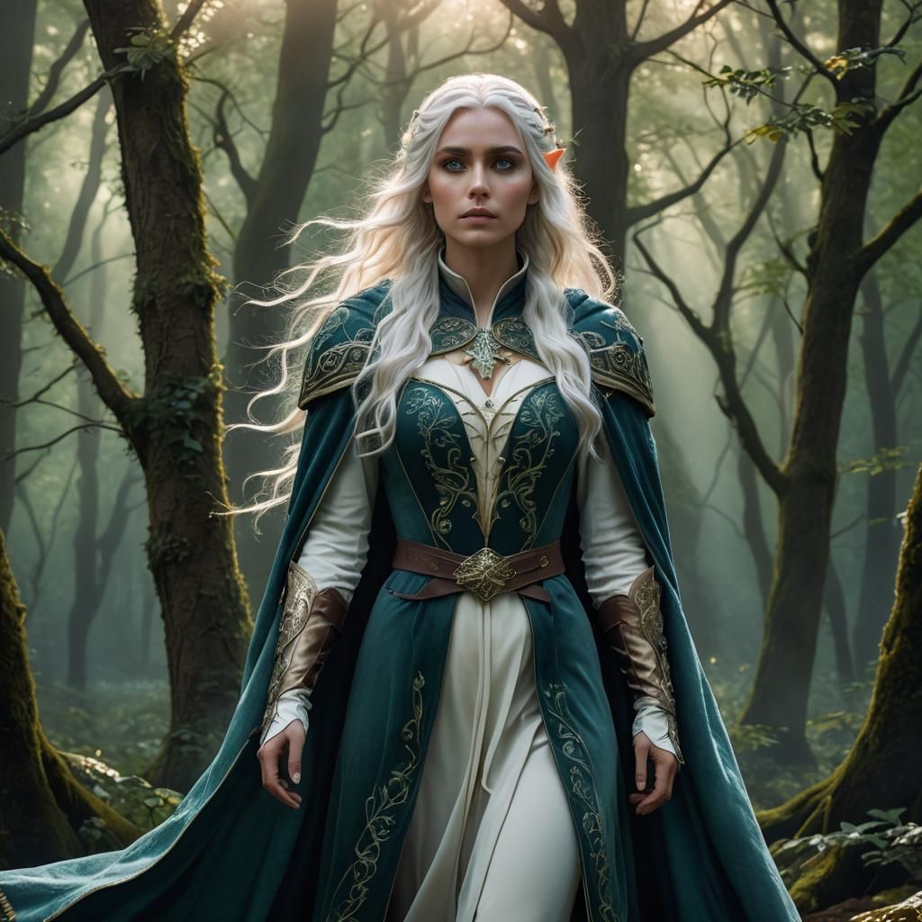 Ethereal Elf Cleric in Misty Forest, Digital Painting