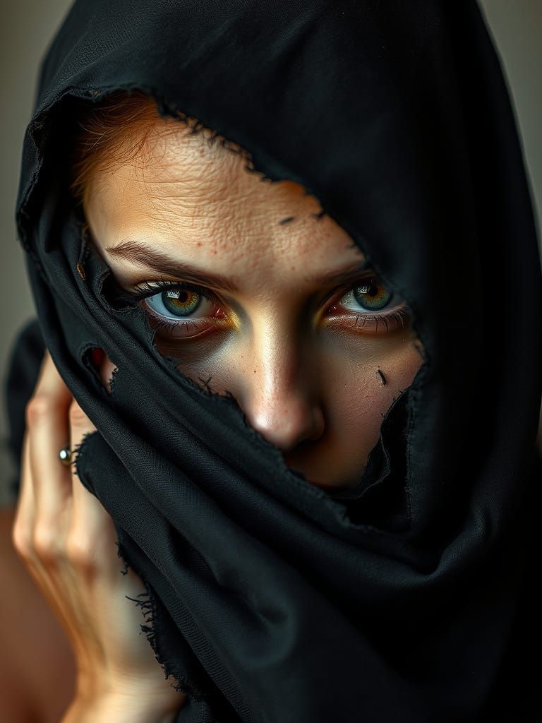 Distressed Black Fabric Reveals a Woman's Piercing Eyes