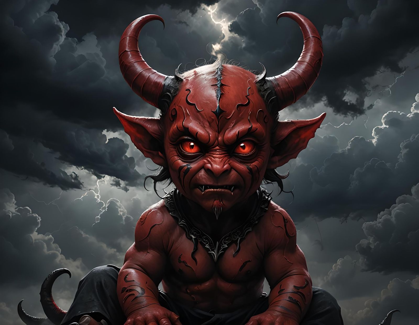 Dramatic Digital Painting of Baby Demon in Clouds