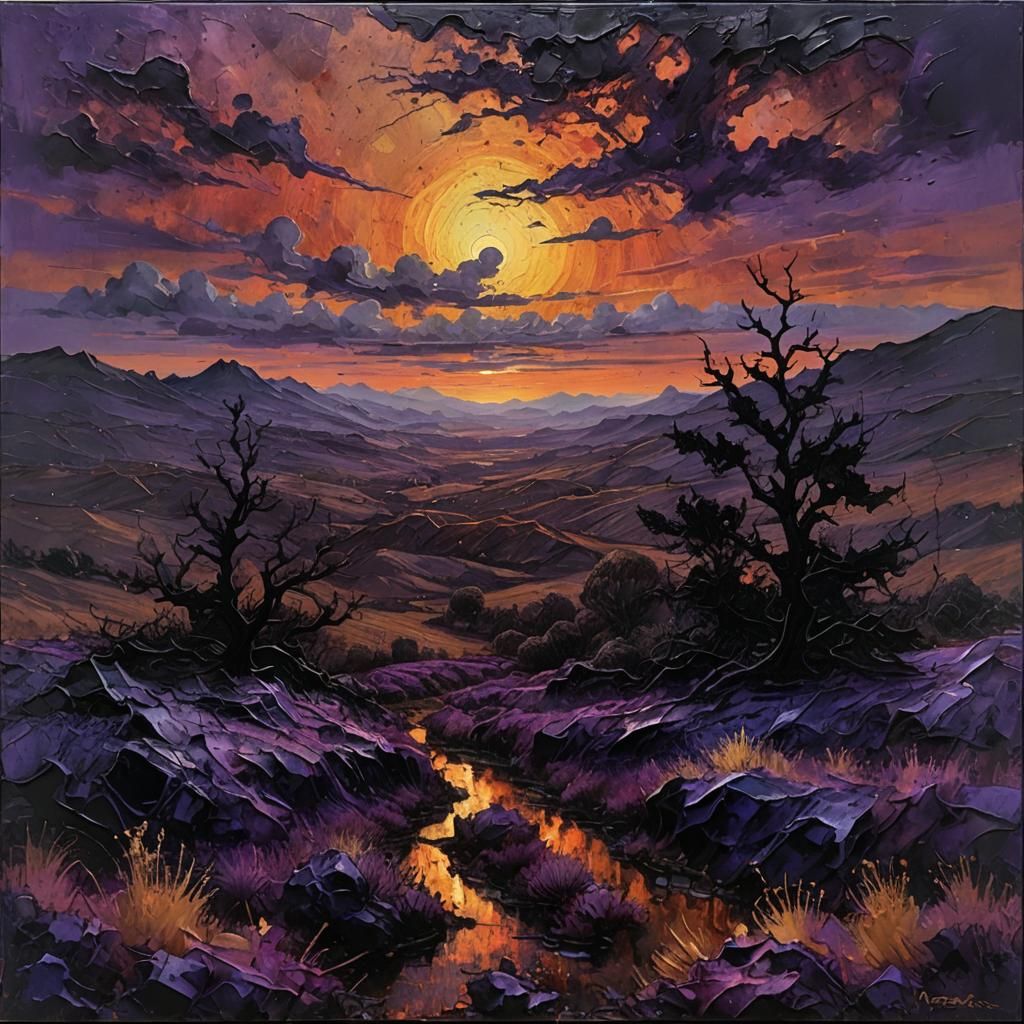 Textured Encaustic Sunset Landscape in Impasto Style