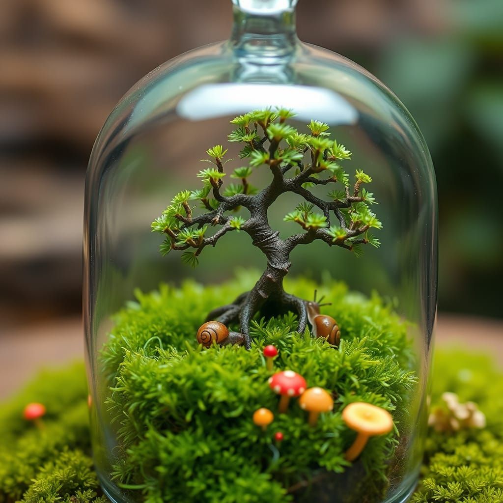 Bonsai Tree Terrarium with Snails and Mushrooms
